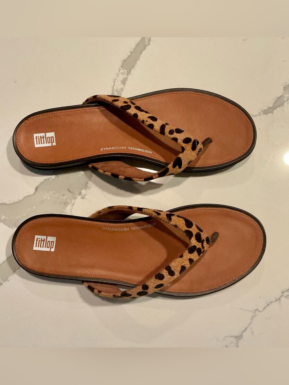 FitFlop Gracie Leopard Calf Hair Flip Flop Sandals Women’s 10